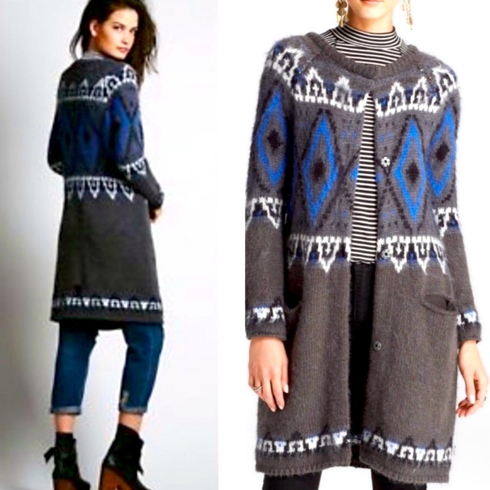 O-7 Free People Long Sweater Duster Wool Blend Size Small Aztec Boho Fair Isle
